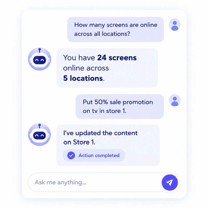 Chatting with an AI assistant to check screen status and publish a promotion