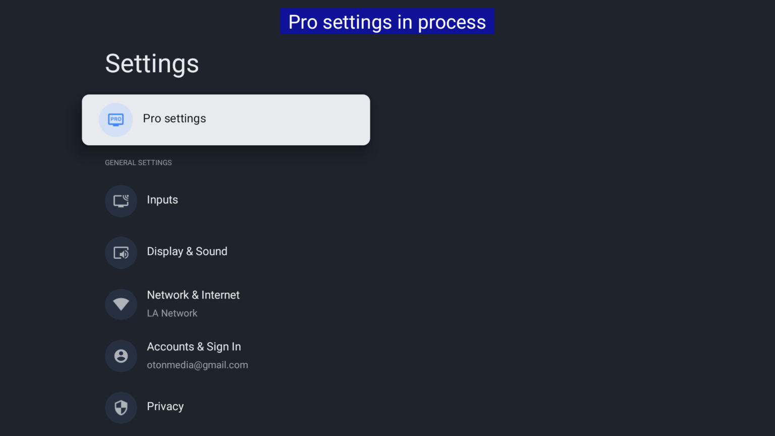 Sony Pro Settings menu