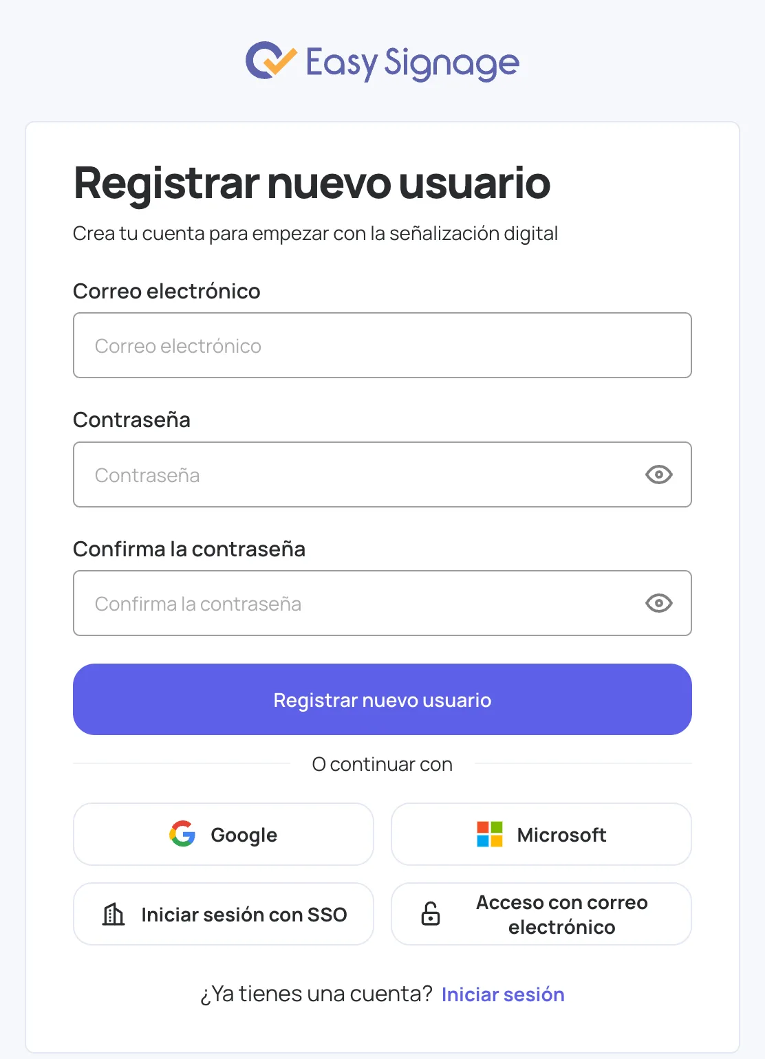 Formulario Registrar nuevo usuario en la consola de administración de EasySignage