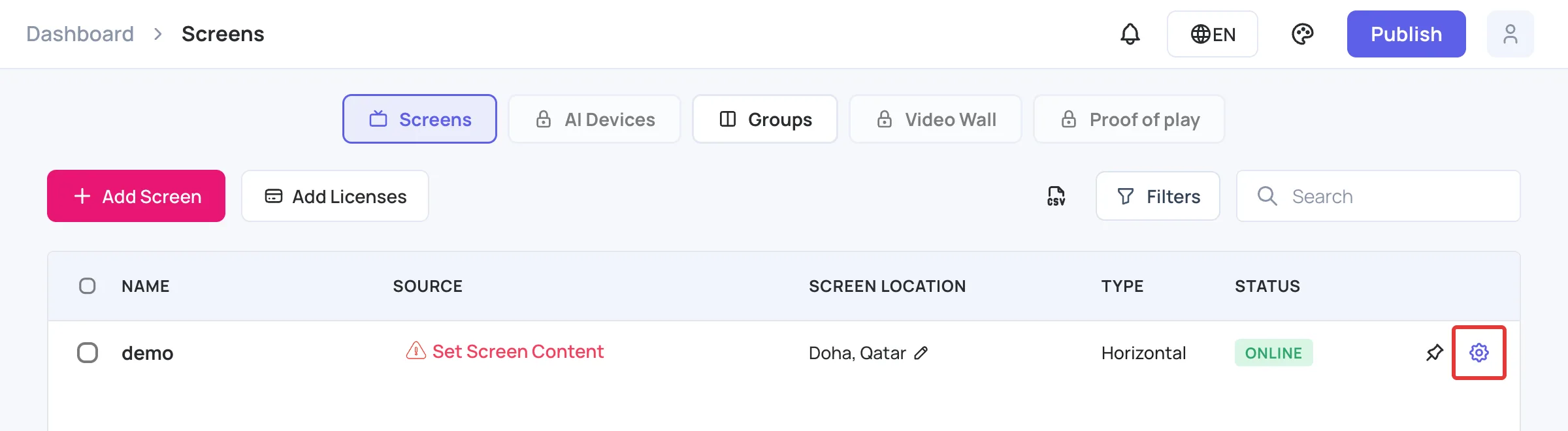 Screen Details icon on the Screens list