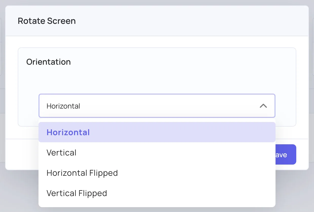 Rotate Screen dialog with the Orientation list open
