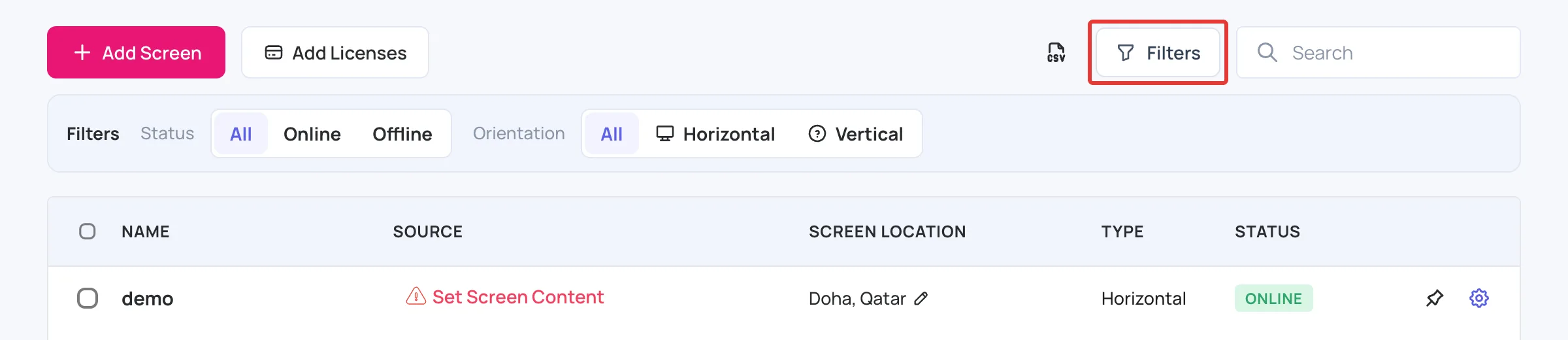 Filters on the Screens page